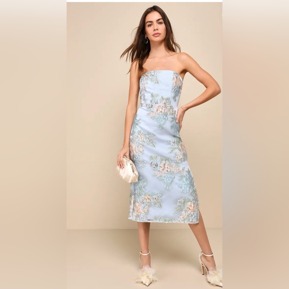 Lulu’s Upgraded Event Blue Strapless Bustier Midi Dress